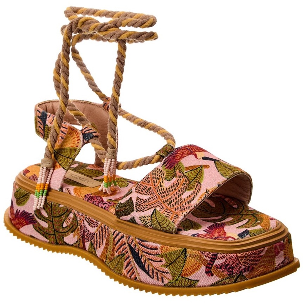 FARM Rio Pink Tropical Floral Platform Sandals with Rope Ankle Ties